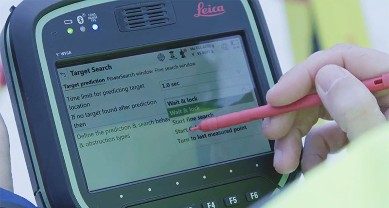 Leica CS20 field controller with Leica Captivate land surveying software screen to customise target search.